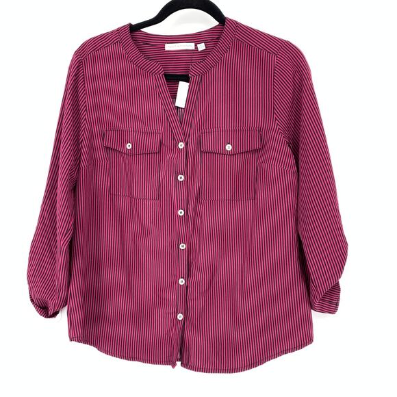 Notations Tab Sleeve Button Front Blouse Womens Sz Small Pink Black Striped NEW - Picture 1 of 6